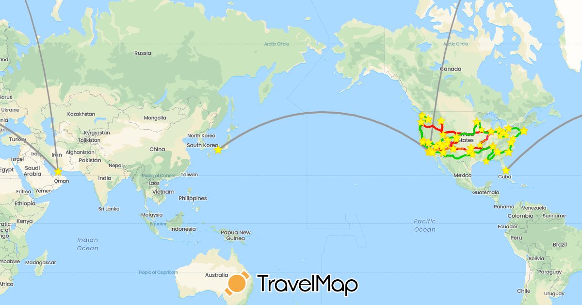 TravelMap itinerary: driving, plane, cycling, honey badger, trike cycling, rafting, 2024 route 1, 2025 route 2, adaptive motorcycle in United Arab Emirates, Canada, Japan, United States (Asia, North America)