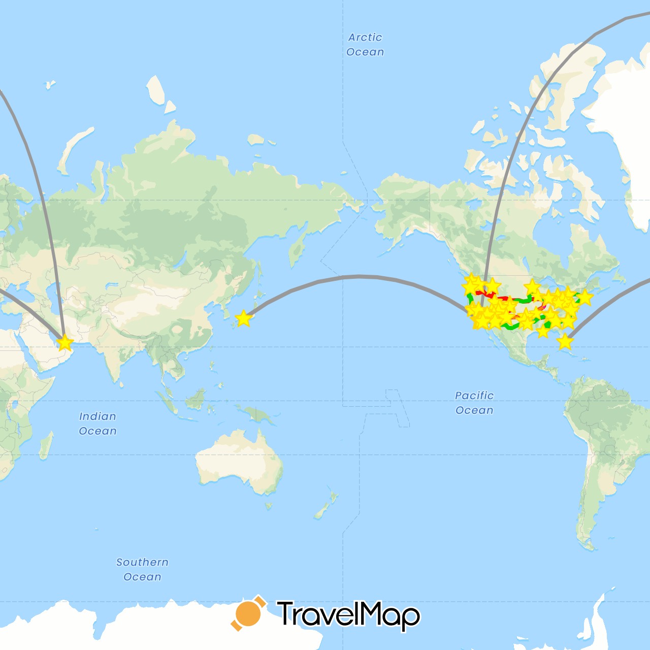 TravelMap itinerary: driving, plane, cycling, honey badger, trike cycling, rafting, 2024 route 1, 2025 route 2, adaptive motorcycle in United Arab Emirates, Canada, Japan, United States (Asia, North America)